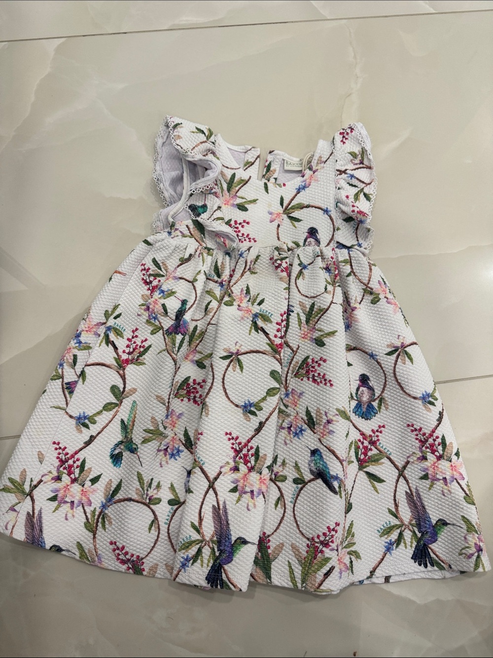 Ted Baker White Floral & Bird Ruffle Sleeve Dress